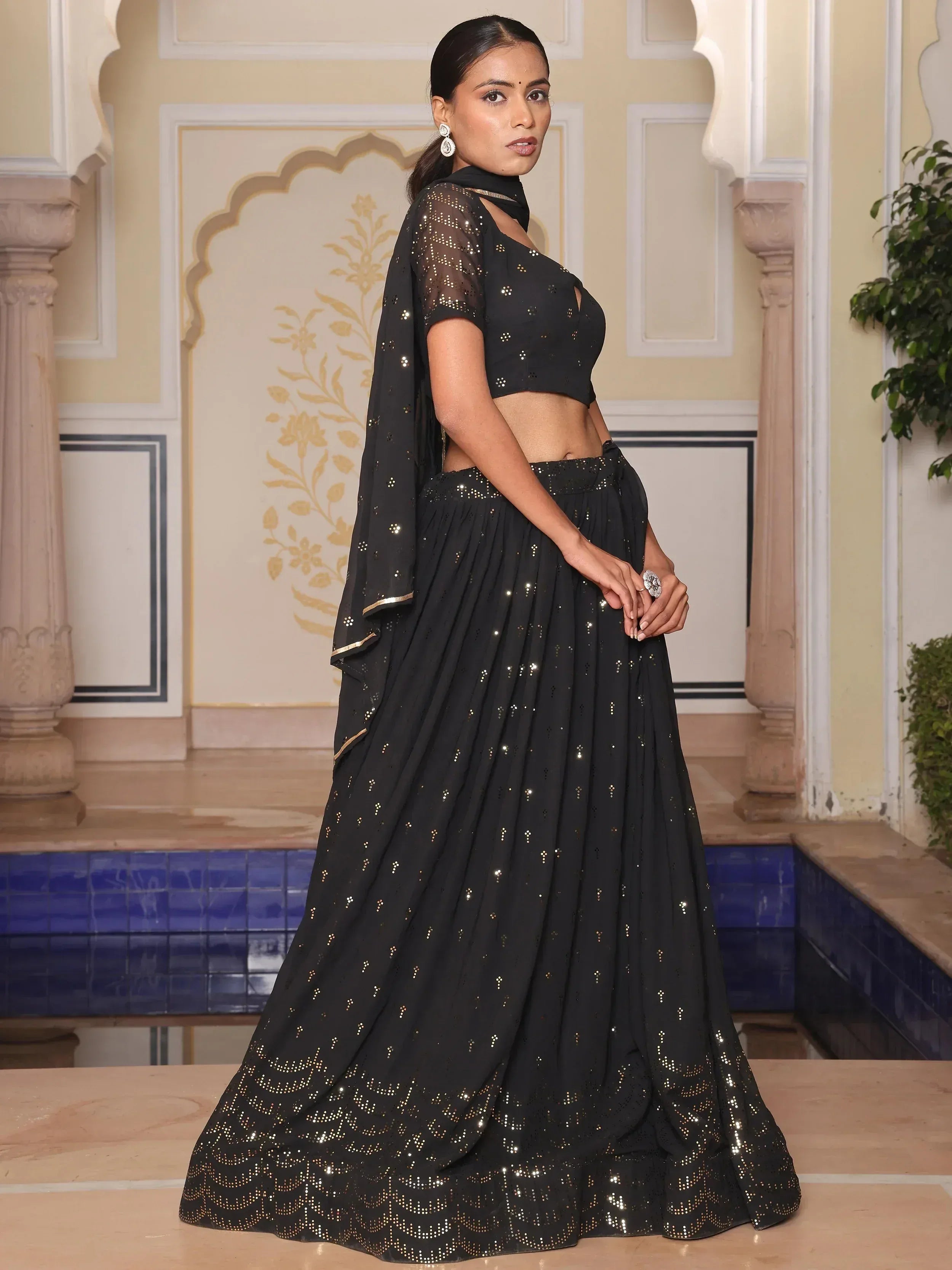 Black sequin lehenga choli with sheer dupatta, Indian ethnic wear for women