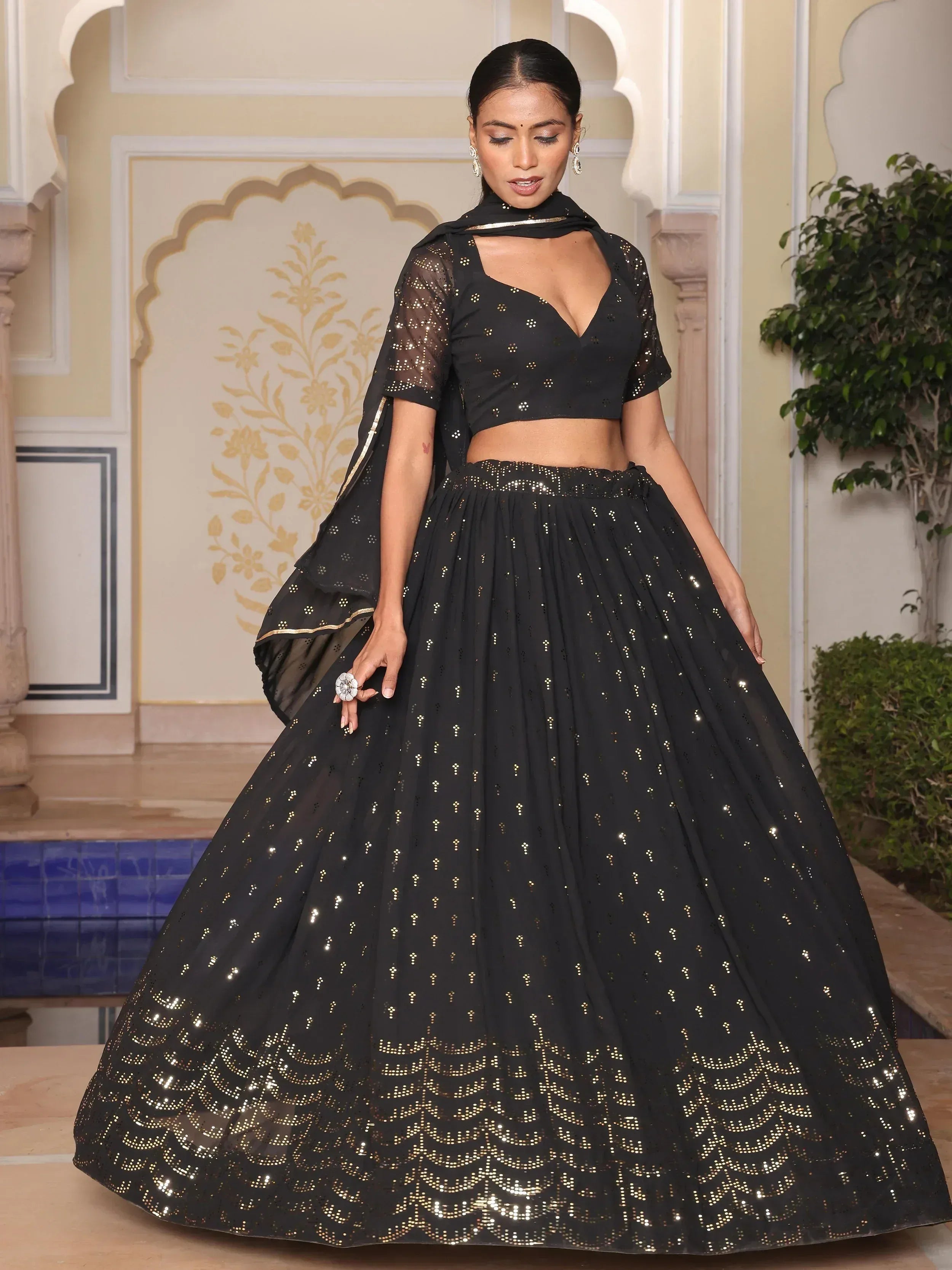 Black sequin lehenga choli with sheer cape, Indian ethnic wear for weddings and parties
