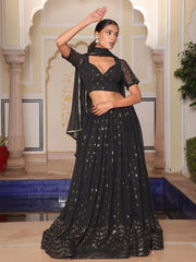 Shimmering Black Georgette Embroidered Lehenga Choli With Dupatta - Ethnic Plus In