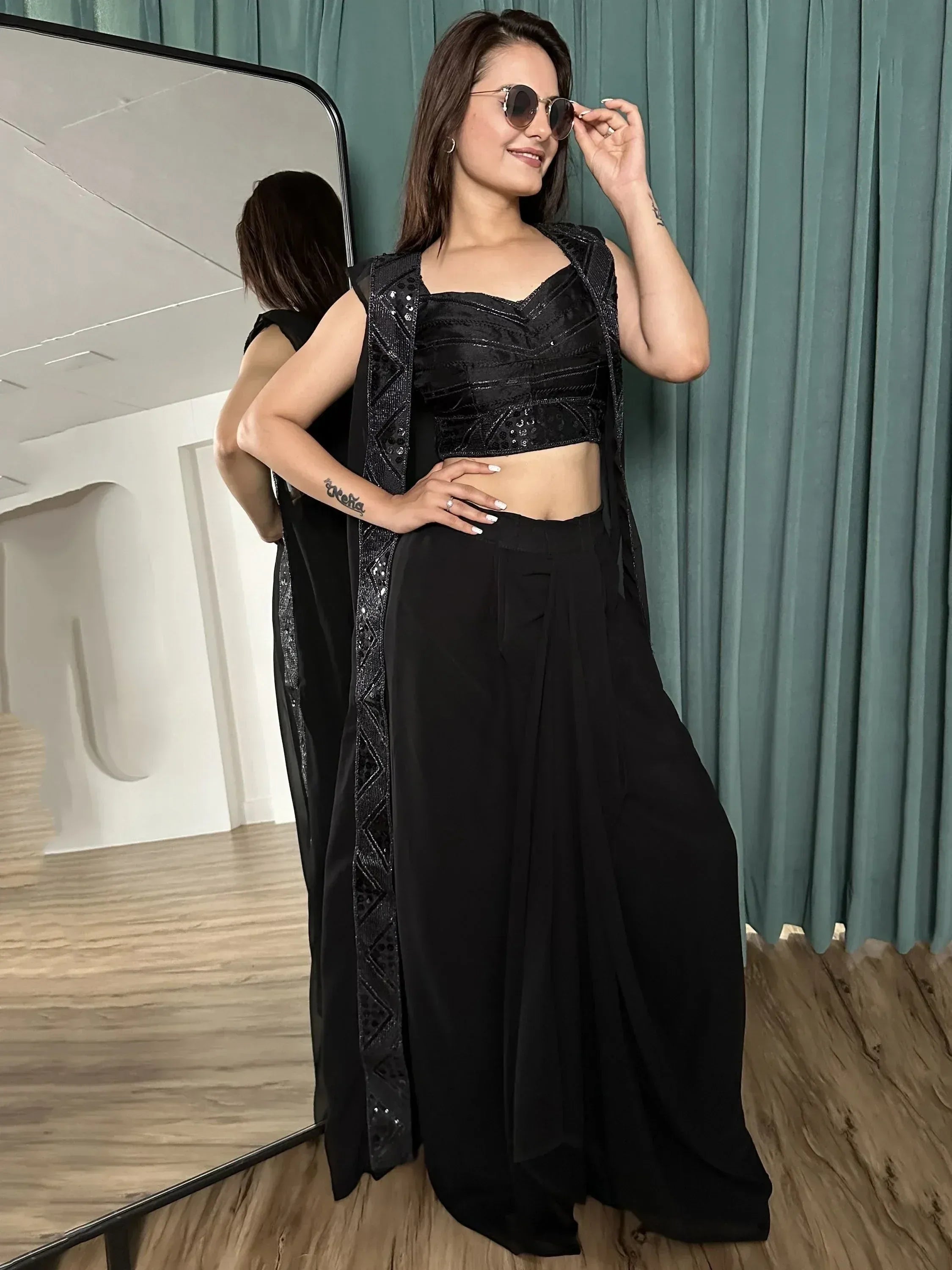 Black sequin crop top with palazzo pants and dupatta, ethnic wear for women