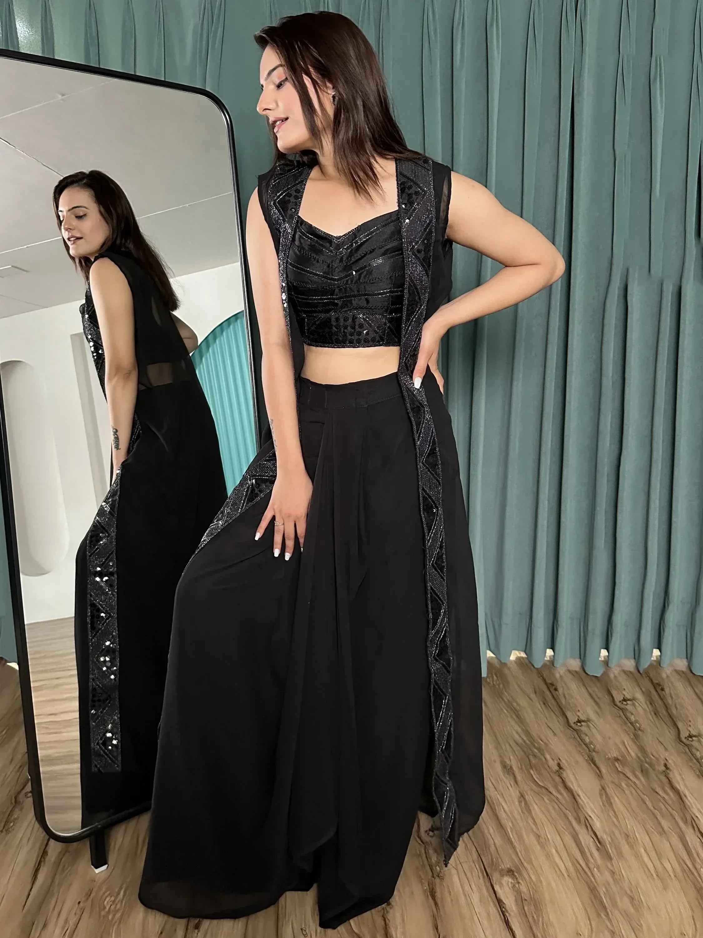 Black sequin crop top with palazzo pants and sheer jacket, ethnic wear outfit