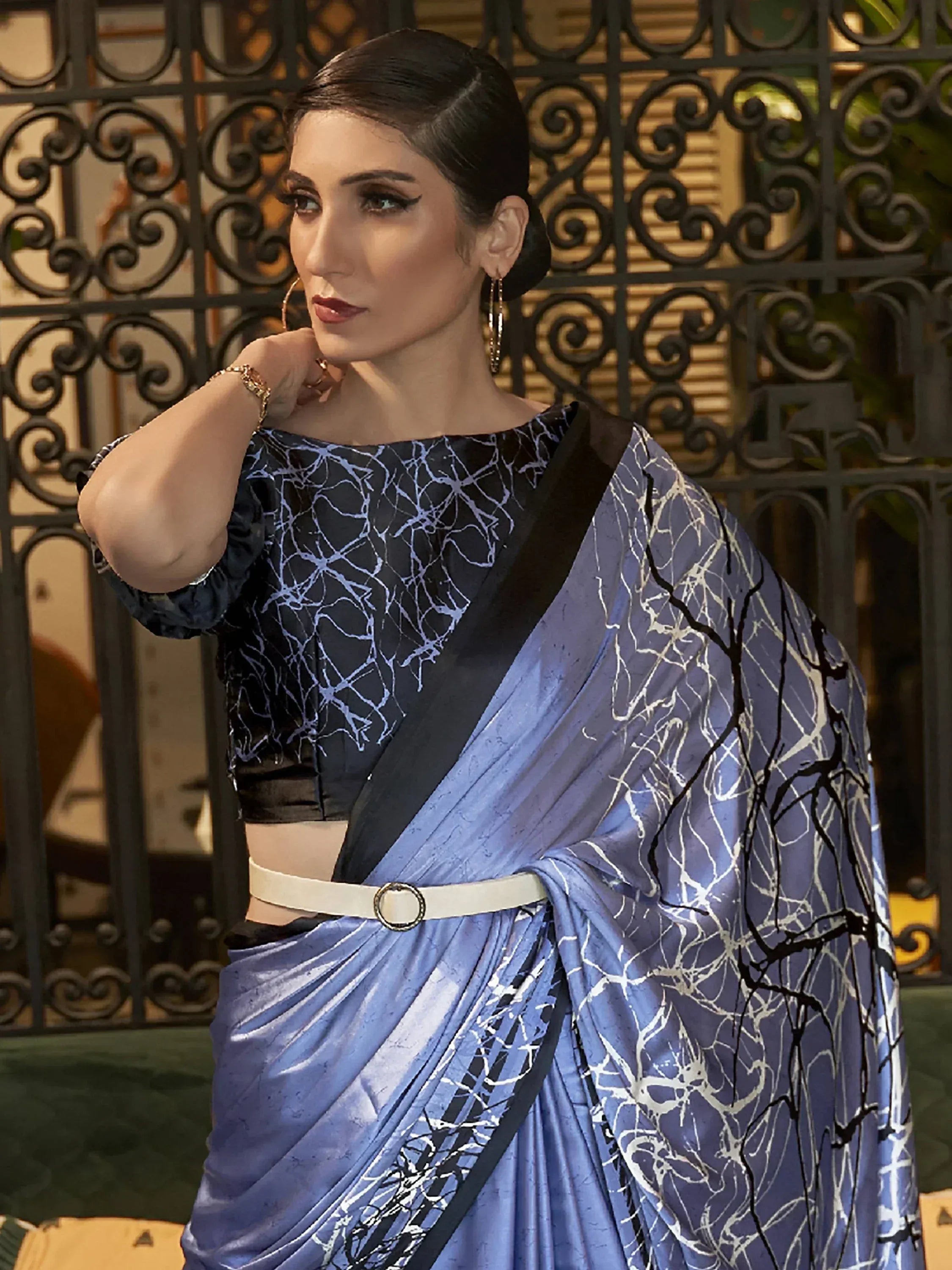 Blue printed saree with black blouse and white belt, Indian ethnic wear