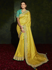 Attractive Yellow Border Work Silk Traditional Saree With Blouse