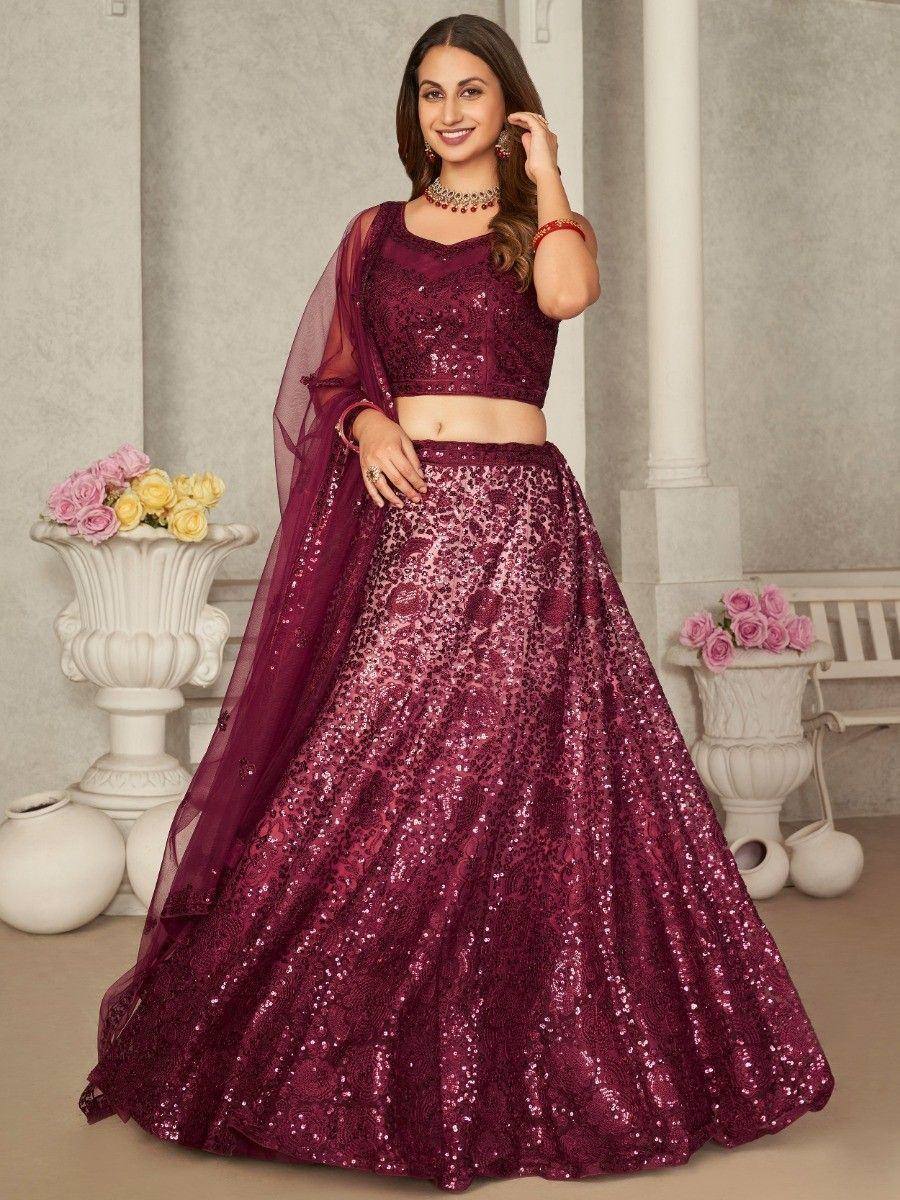Burgundy sequin lehenga choli with sheer dupatta, perfect for Indian weddings and festive occasions