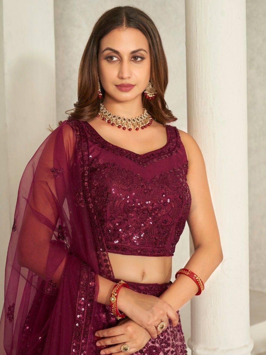 Burgundy sequin lehenga choli with sheer dupatta, perfect for Indian ethnic wear occasions