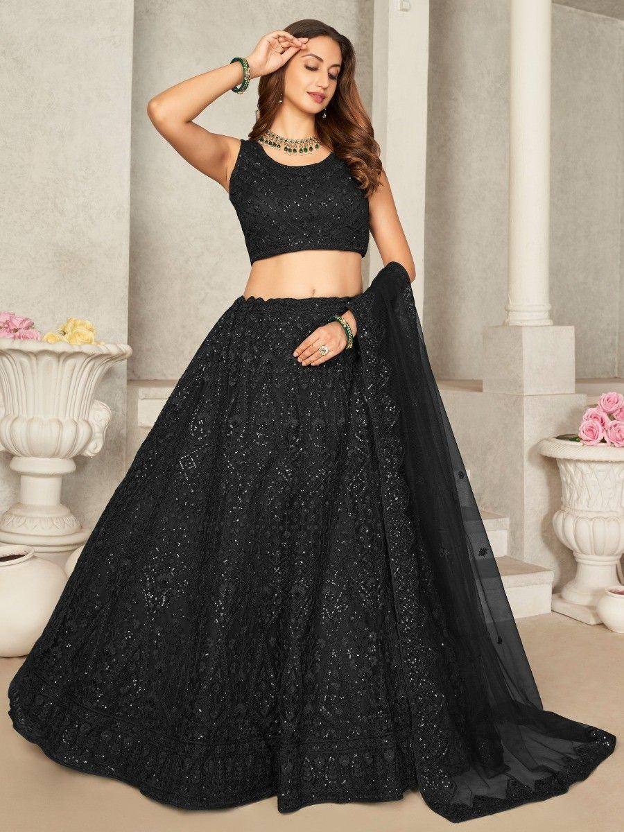 Black embroidered lehenga choli with sequins, perfect for Indian ethnic wear and festive occasions