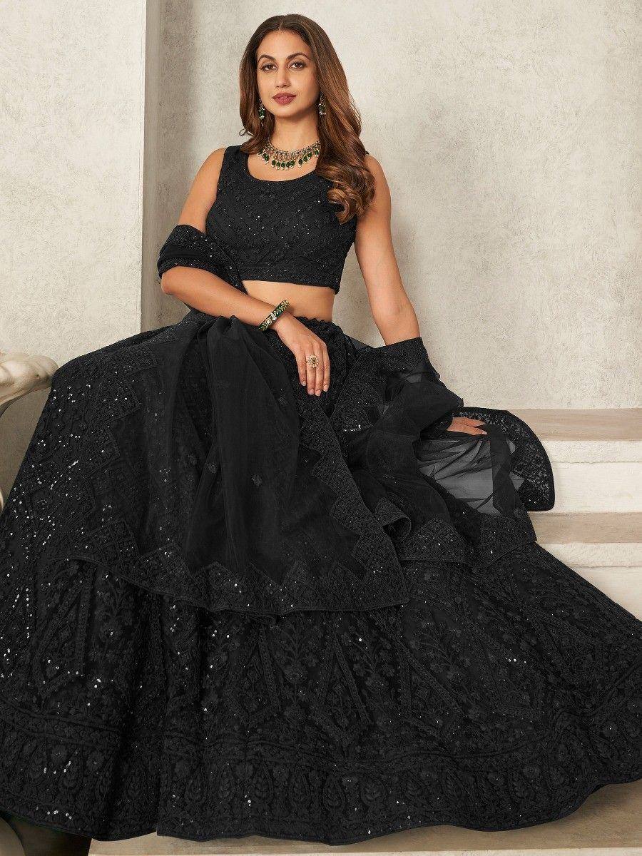 Black embroidered lehenga choli with sequin detailing, perfect for Indian ethnic wear events