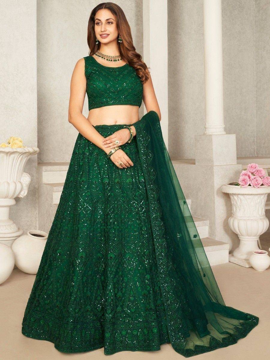 Emerald green designer lehenga choli with sequin embroidery, perfect for Indian weddings and festive occasions