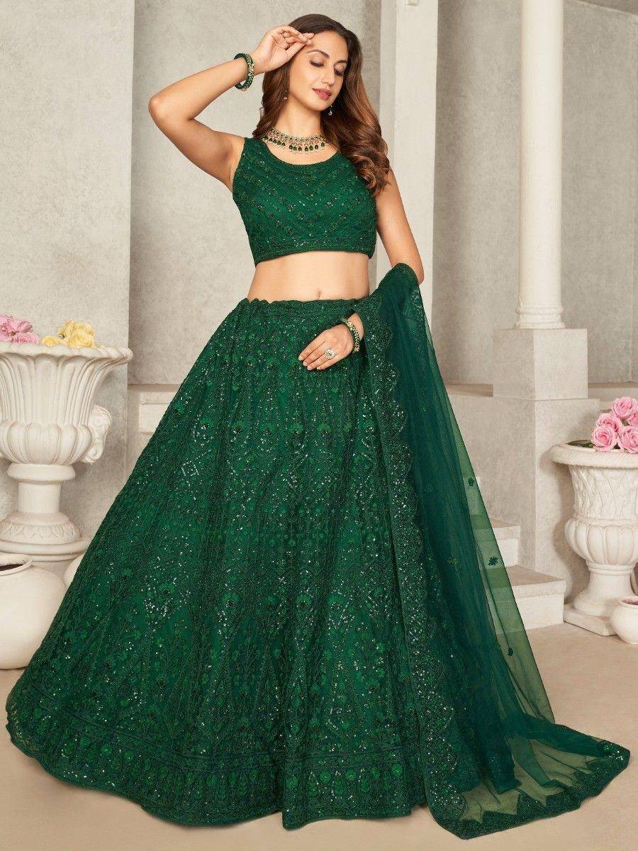 Emerald green embroidered lehenga choli with sequin detailing, perfect for Indian ethnic wear occasions