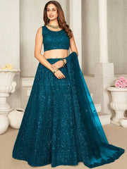 Alluring Teal Blue Sequins Net Designer Lehenga Choli With Dupatta