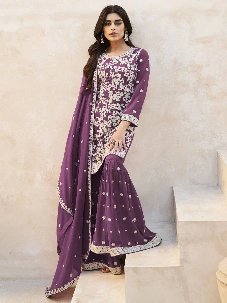 Purple embroidered salwar kameez with floral print and matching dupatta, ideal for Indian ethnic occasions