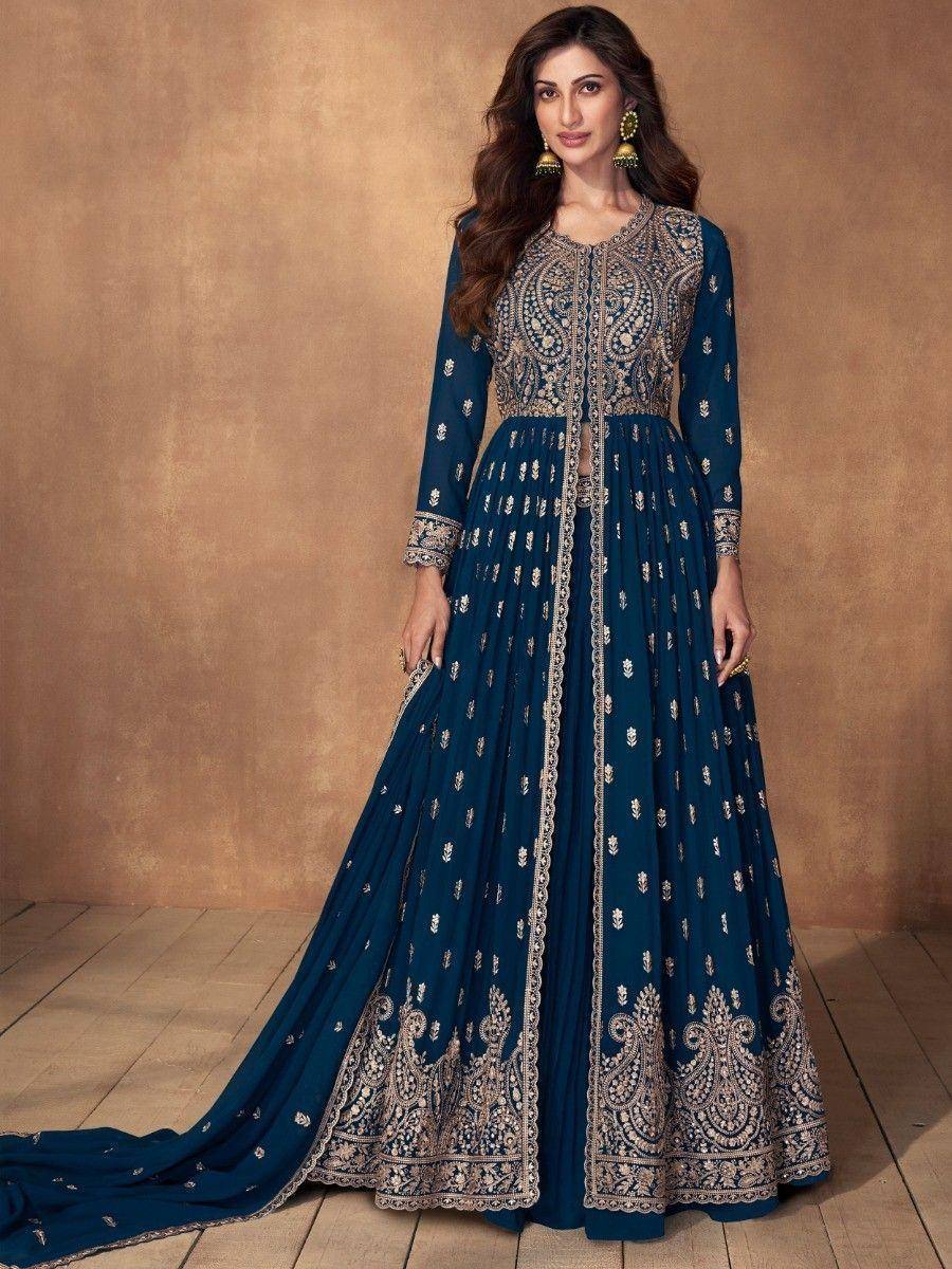 Elegant navy blue embroidered anarkali gown with gold detailing, perfect for Indian ethnic occasions