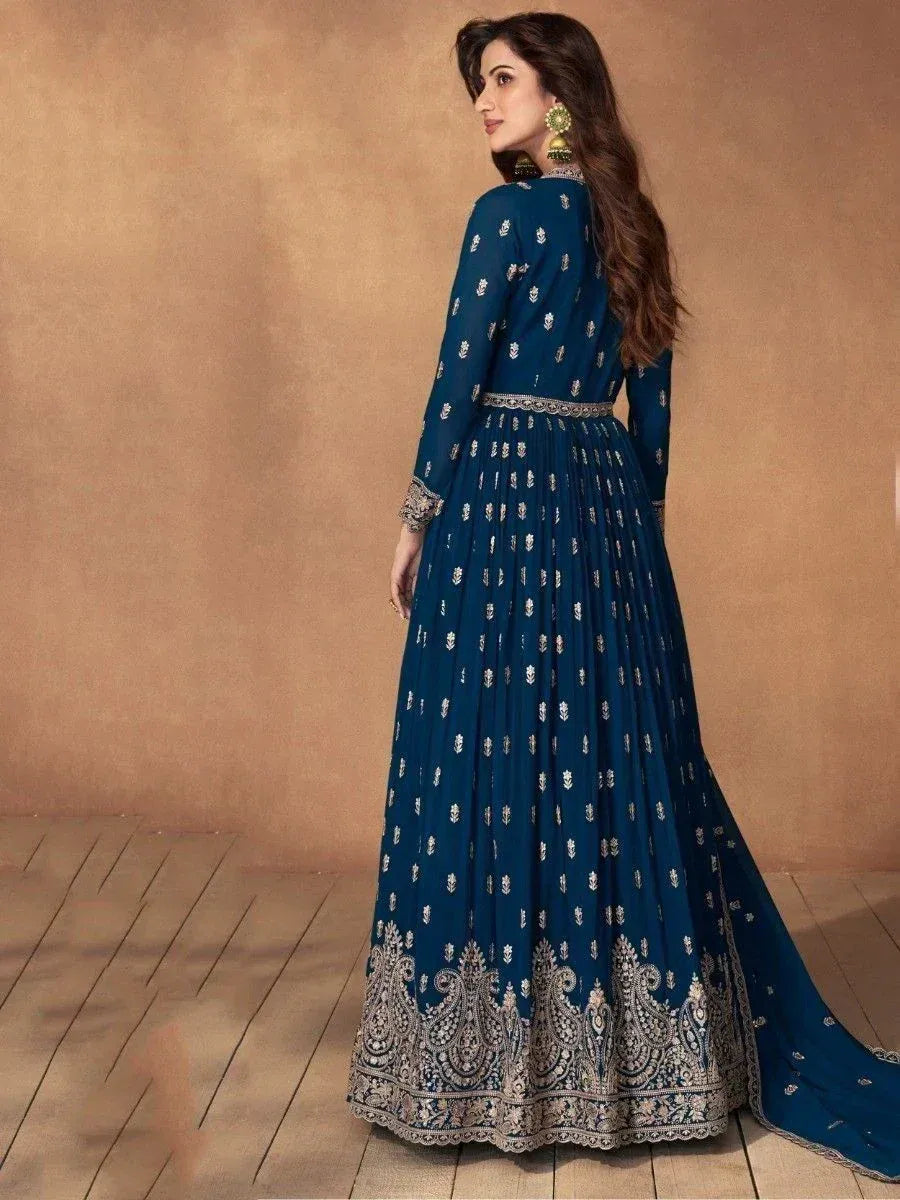 Elegant navy blue anarkali gown with silver embroidery, perfect for Indian ethnic occasions