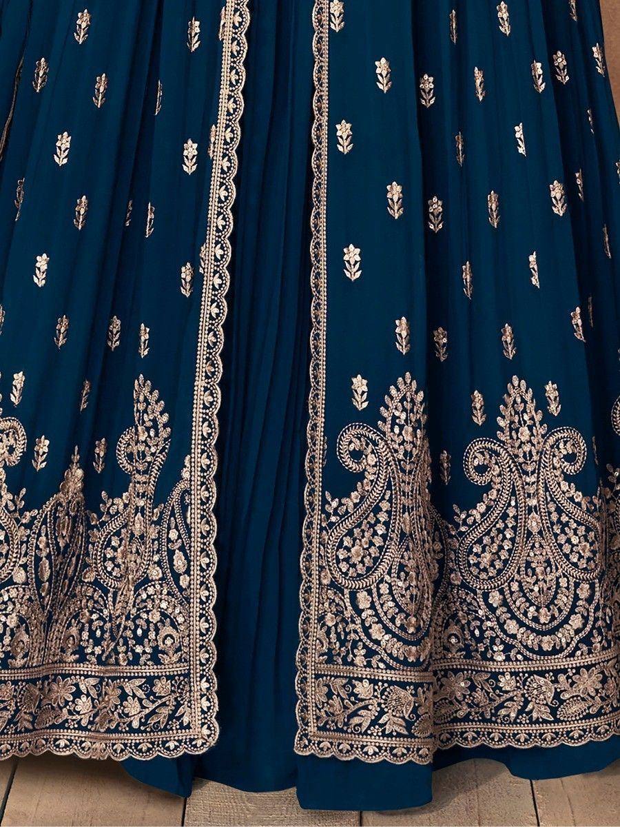 Blue lehenga with gold paisley embroidery and scalloped border, Indian ethnic wear