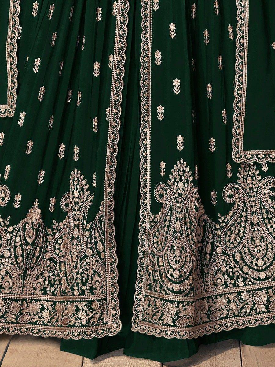 Deep green Indian lehenga with intricate gold embroidery and traditional ethnic patterns