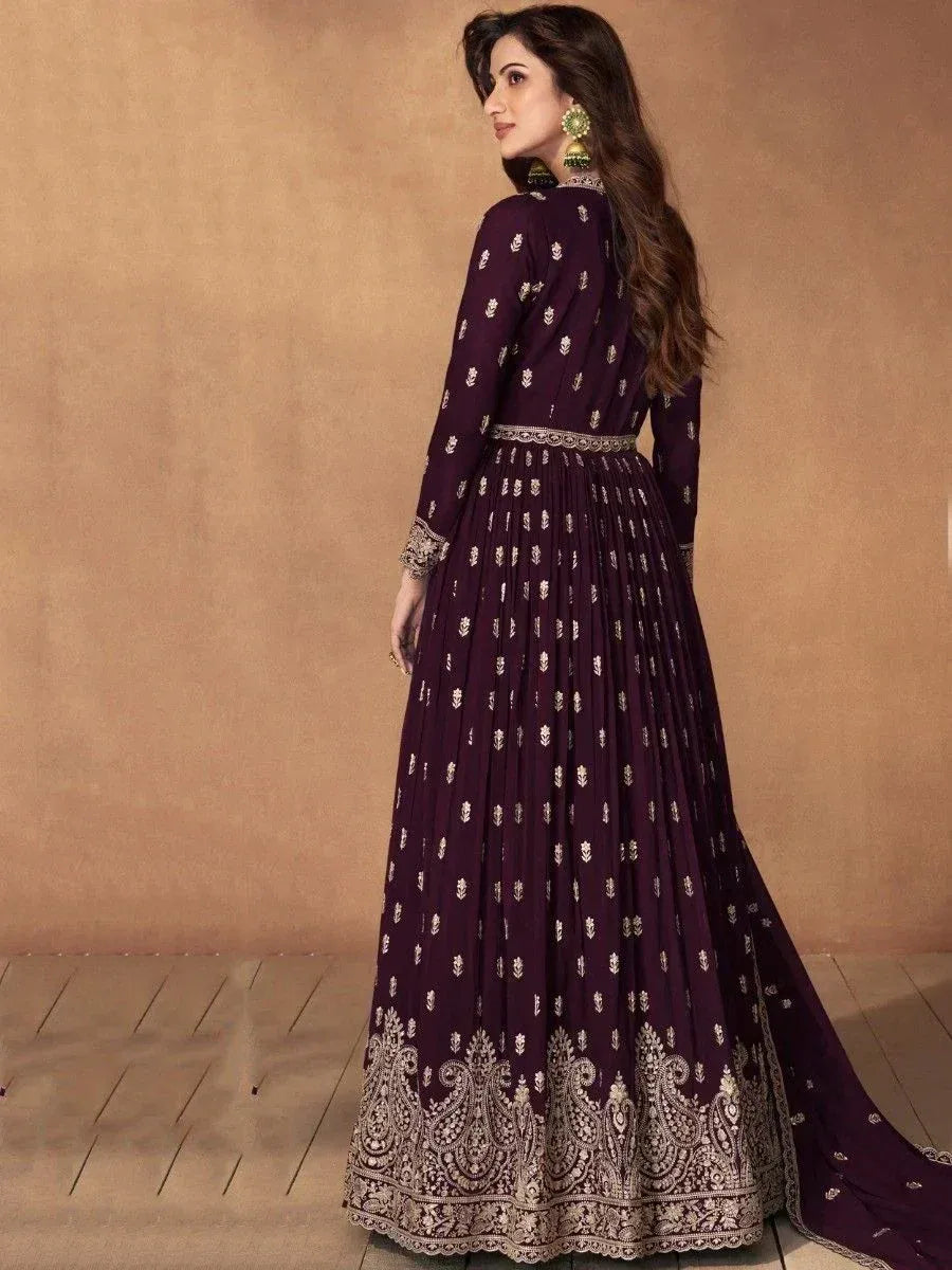 Elegant purple anarkali gown with gold embroidery, perfect for Indian ethnic wear occasions