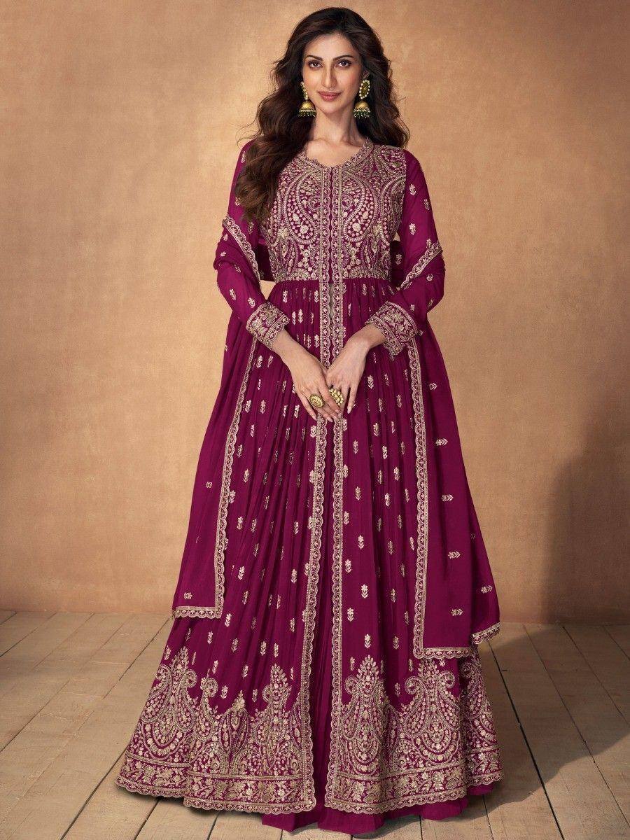 Elegant maroon anarkali suit with gold embroidery, perfect for Indian ethnic occasions