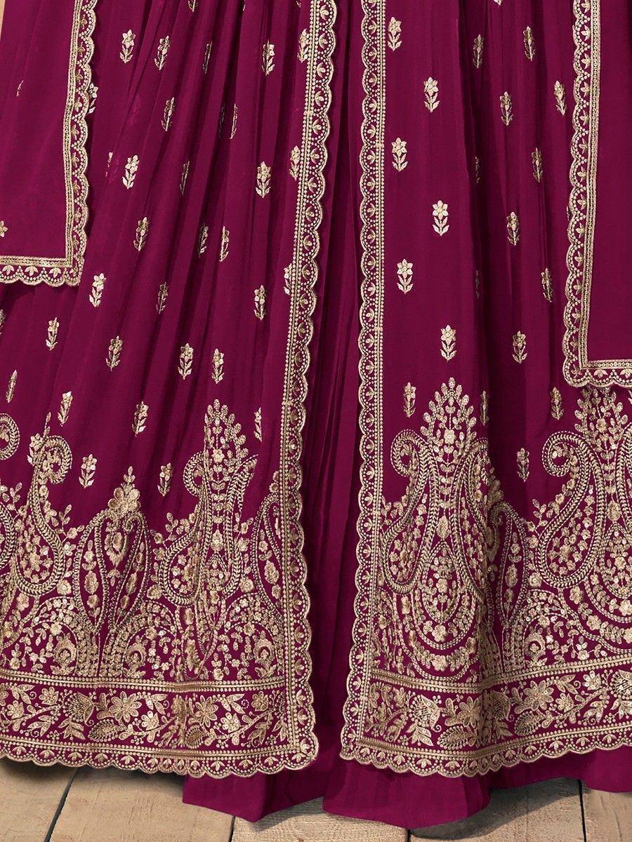 Maroon lehenga with gold floral embroidery and intricate border detailing, ideal for Indian ethnic wear
