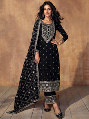 Marvelous Black Sequins Silk Festival Wear Pant Suit With Dupatta