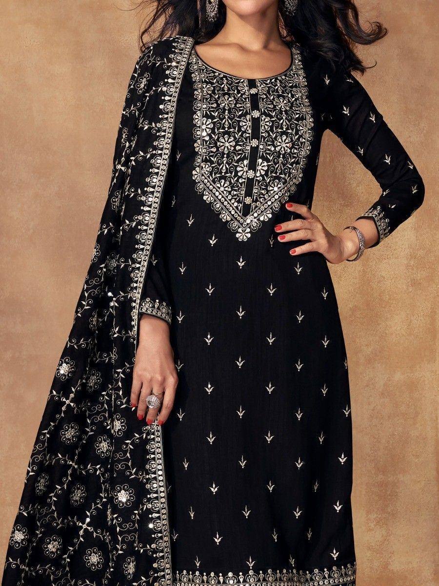 Black designer salwar kameez with silver embroidery and matching dupatta
