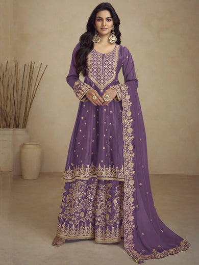 Glamorous Purple Embroidered Chinon Festival Wear Palazzo Suit