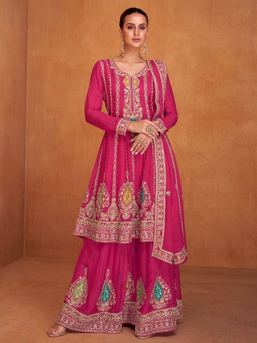 Pink embroidered anarkali suit with gold and green detailing, perfect for Indian ethnic occasions