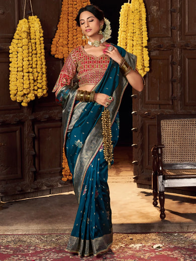 Charming Teal Blue Zari Weaving Silk Festival Wear Saree With Blouse