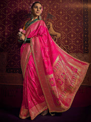 Tantalizing Pink Zari Weaving Silk Wedding Saree With Blouse