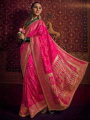 Tantalizing Pink Zari Weaving Silk Wedding Saree With Blouse