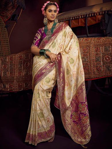 Captivating Cream Zari Weaving Silk Traditional Saree With Blouse
