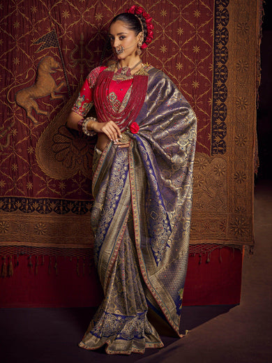 Bewitching Blue Zari Weaving Silk Wedding Wear Saree With Blouse