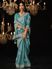 Captivating Teal Blue Embroidered Tissue Silk Party Wear Saree