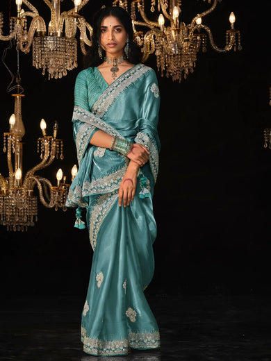 Captivating Teal Blue Embroidered Tissue Silk Party Wear Saree
