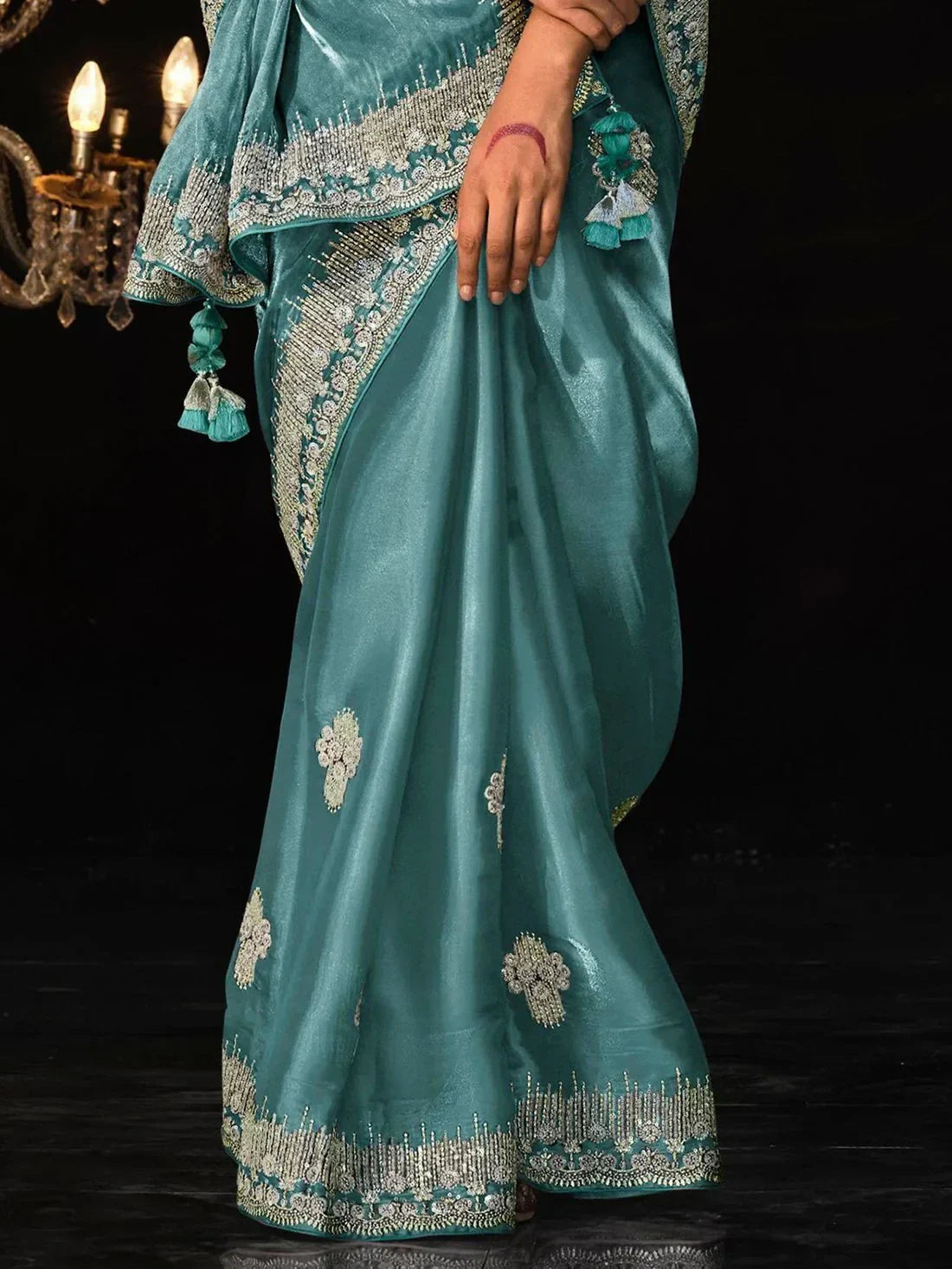 Captivating Teal Blue Embroidered Tissue Silk Party Wear Saree