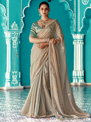 Excellent Beige Border Work Tissue Silk Traditional Saree With Blouse