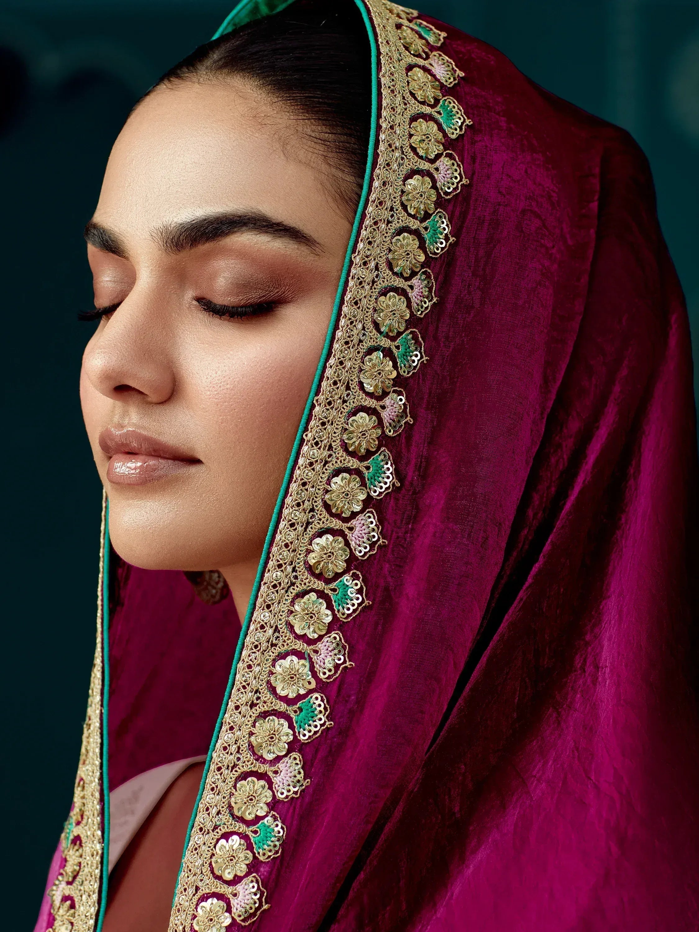 Elegant maroon velvet dupatta with gold and green floral embroidery, perfect for Indian ethnic wear.
