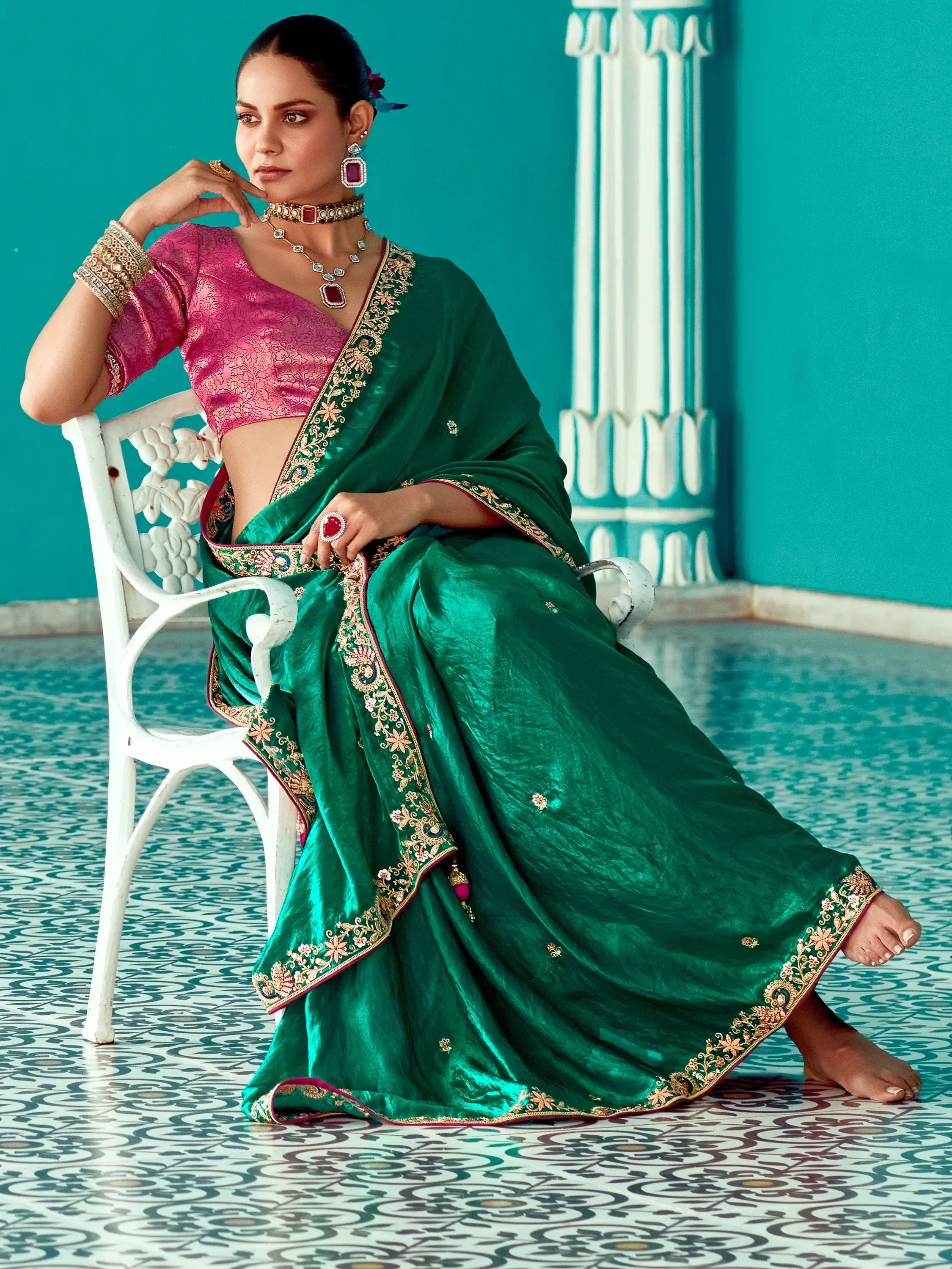 Attractive Green Heavy Border Work Silk Event Wear Saree With Blouse