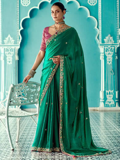 Attractive Green Heavy Border Work Silk Event Wear Saree With Blouse