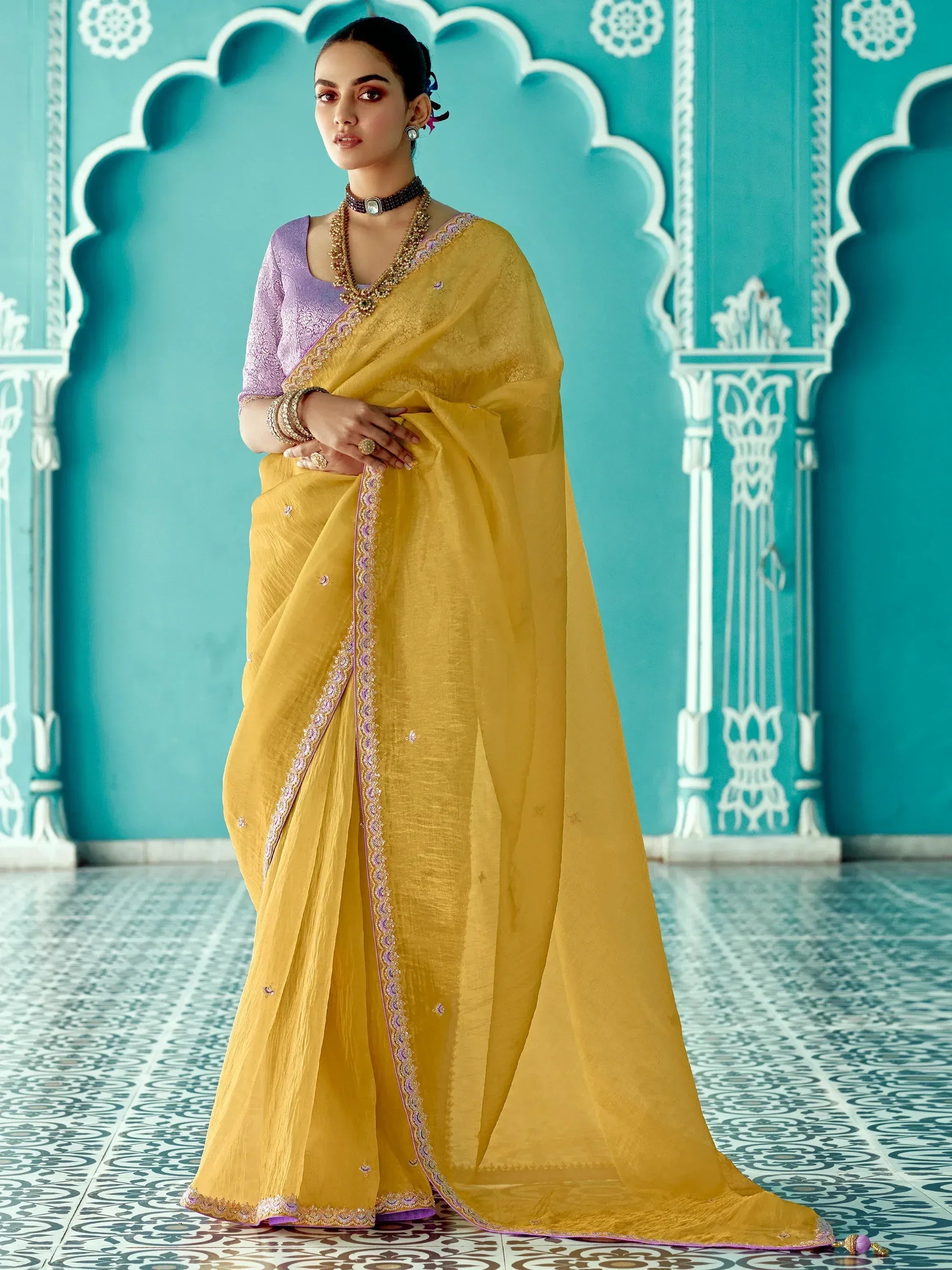 Yellow designer saree with purple blouse, ethnic wear for women, perfect for weddings and festivals