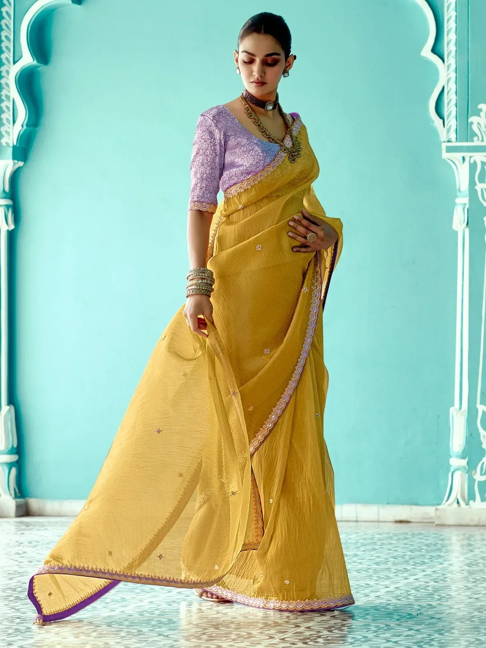 Yellow saree with purple blouse, ethnic Indian wear, designer saree for women