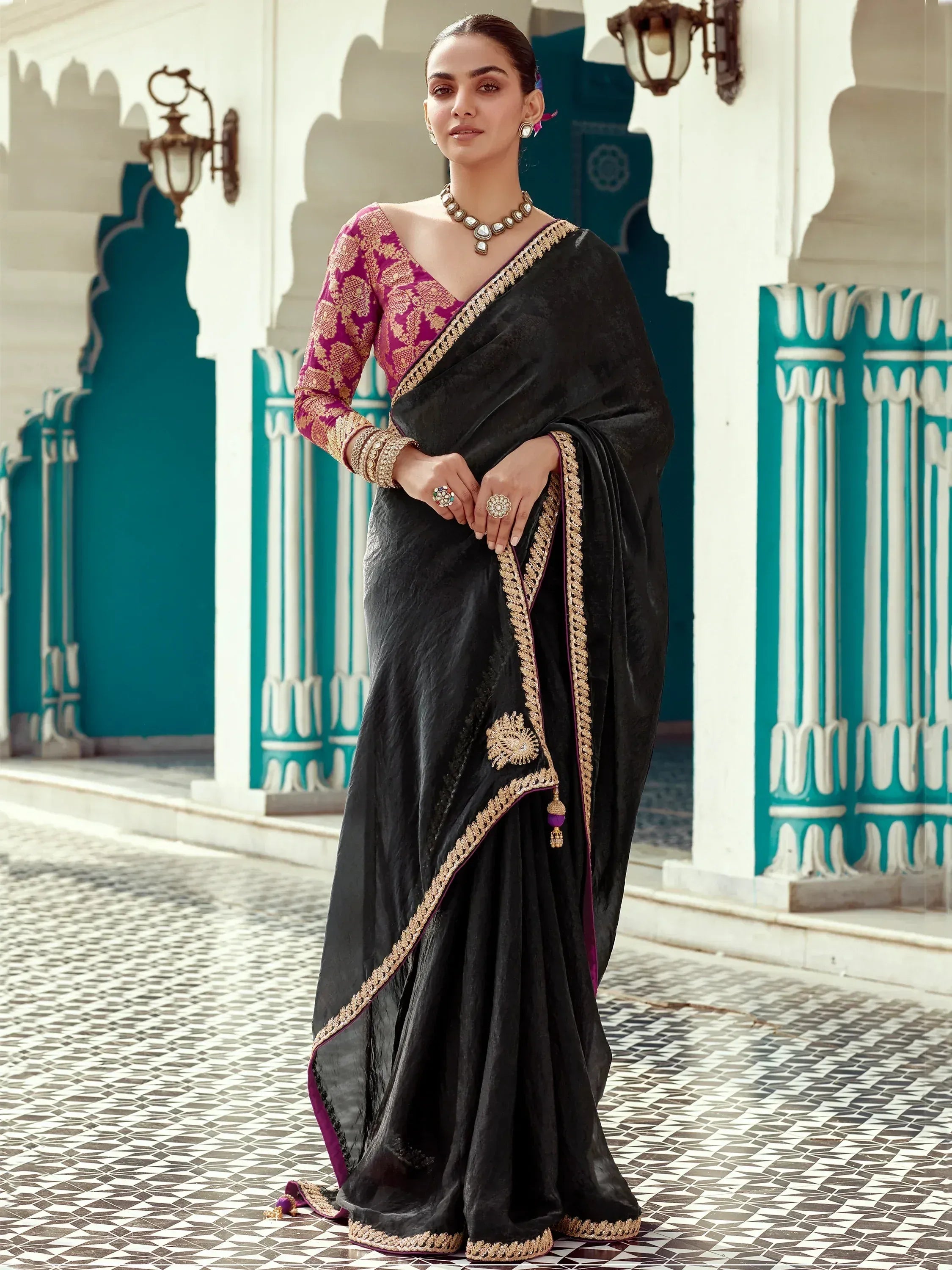 Black velvet saree with gold embroidery and magenta blouse, Indian ethnic wear for women