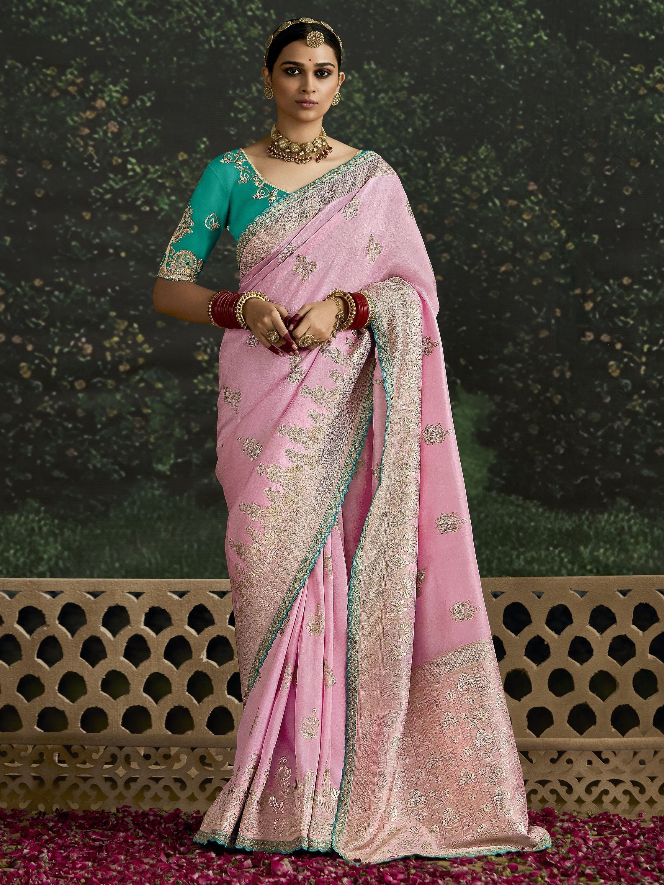 Beautiful Baby Pink Zari Weaving Silk Festival Wear Saree With Blouse