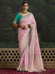 Beautiful Baby Pink Zari Weaving Silk Festival Wear Saree With Blouse