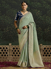 Stunning Pista Green Zari Weaving Silk Wedding Wear Saree With Blouse