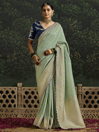 Stunning Pista Green Zari Weaving Silk Wedding Wear Saree With Blouse