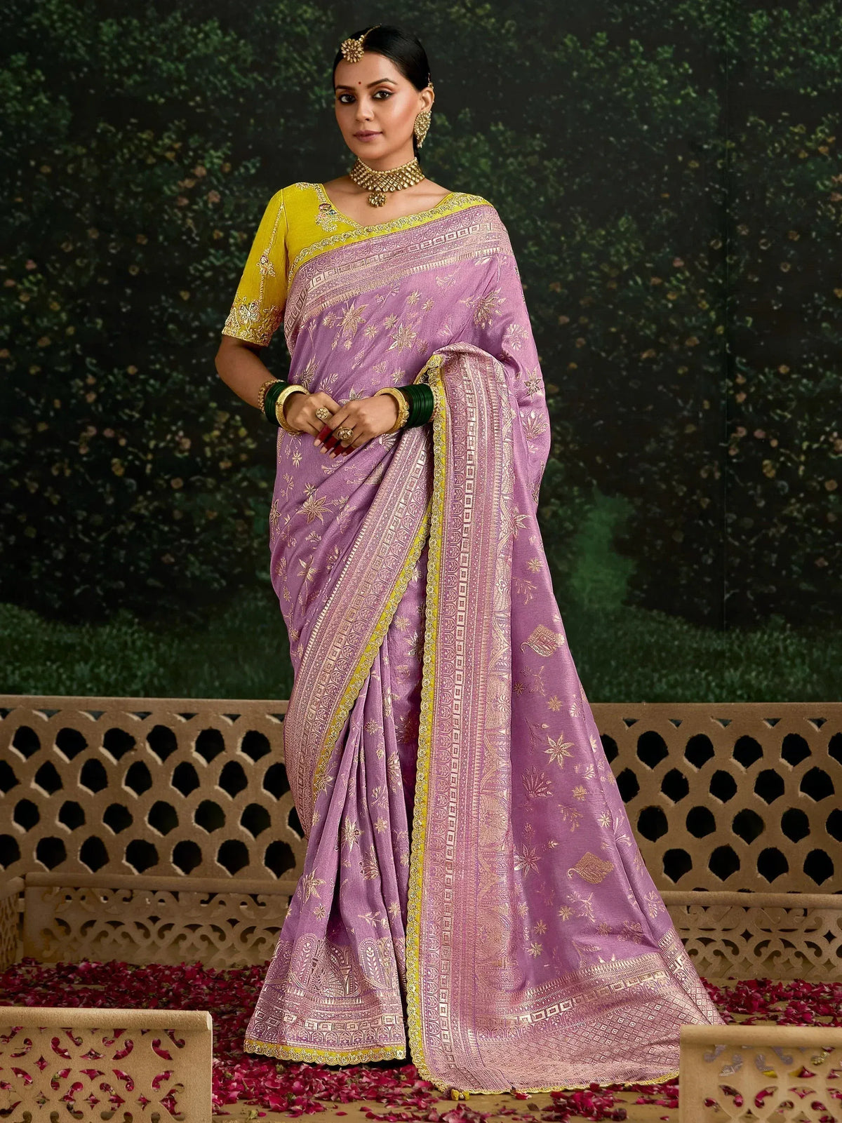 Lavender designer saree with gold embroidery and yellow blouse, perfect for Indian ethnic occasions