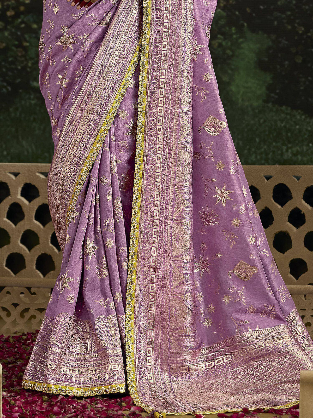 Lavender saree with gold floral and border embroidery, perfect for ethnic occasions
