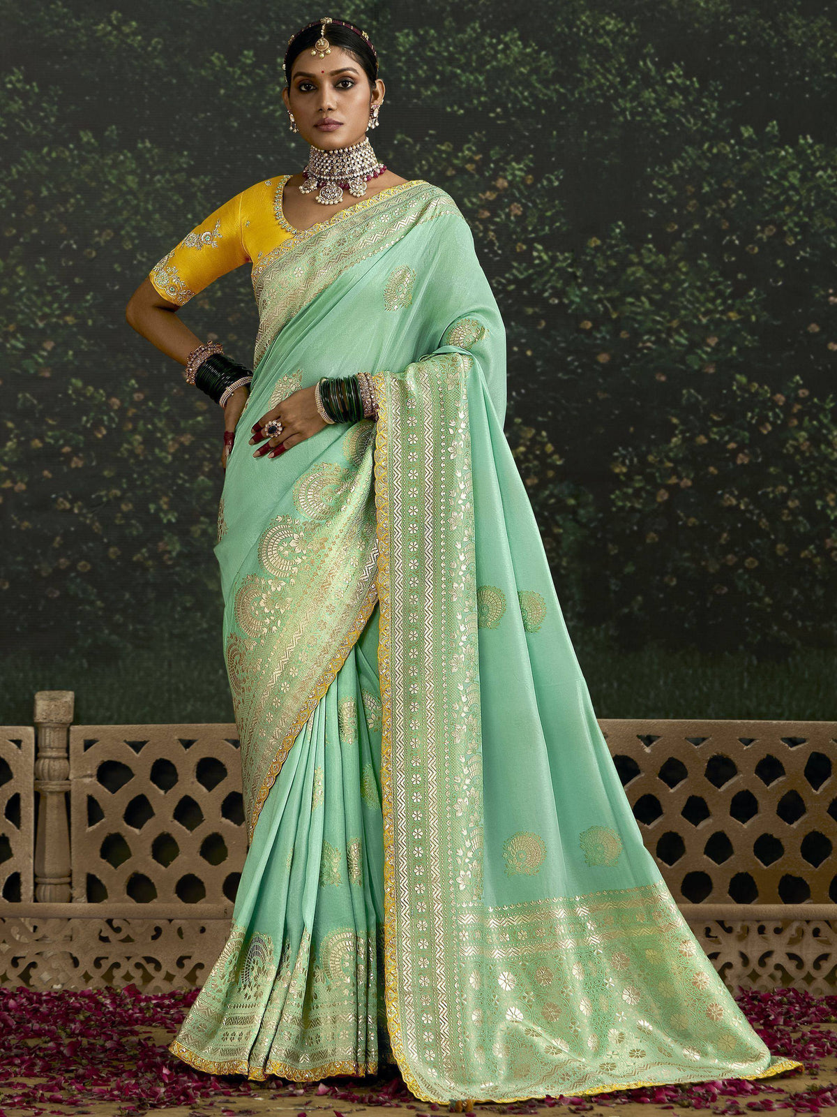 Mint green designer saree with gold embroidery, yellow blouse, perfect for Indian ethnic occasions