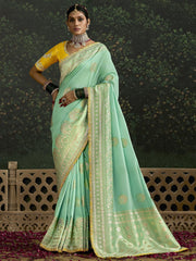 Fascinating Sea Green Zari Weaving Silk Wedding Saree With Blouse
