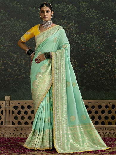 Fascinating Sea Green Zari Weaving Silk Wedding Saree With Blouse